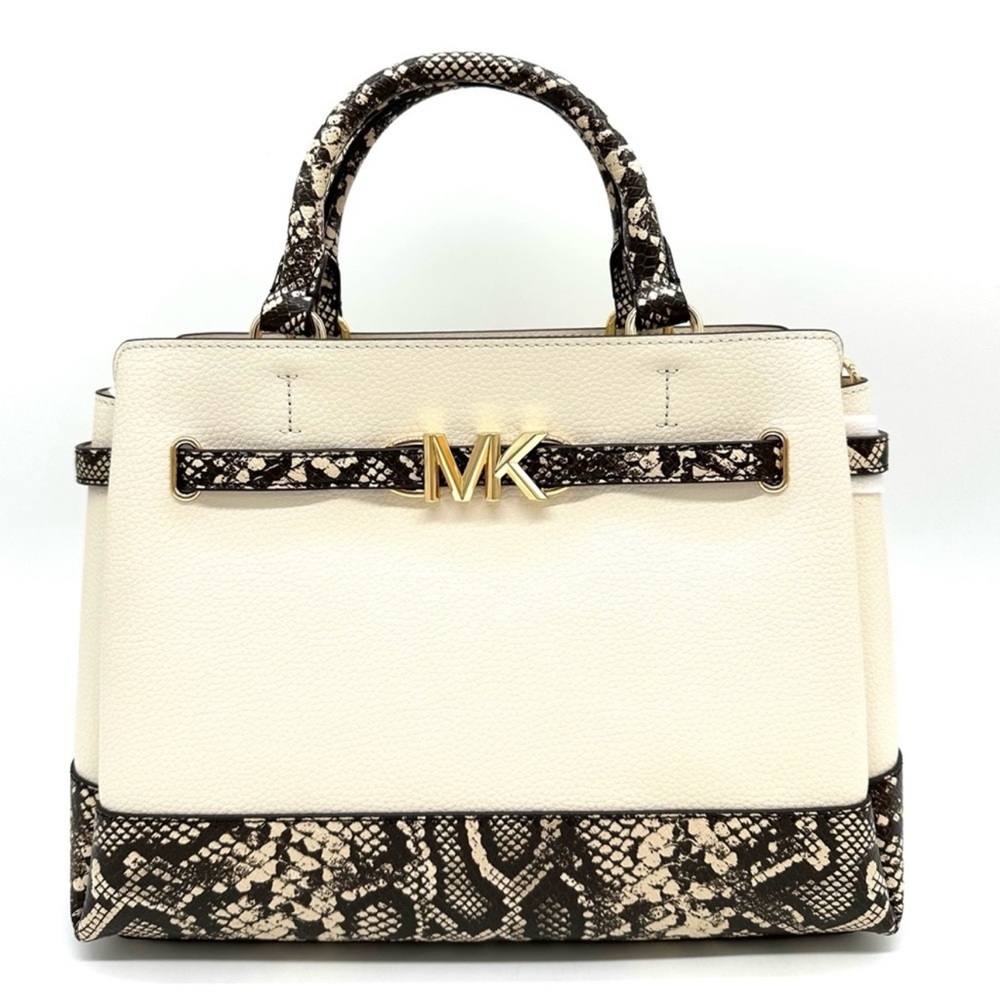 Michael Kors Large Reed Leather Belted Satchel Crossbody Bag Cream Snakeskin - Picture 3 of 12